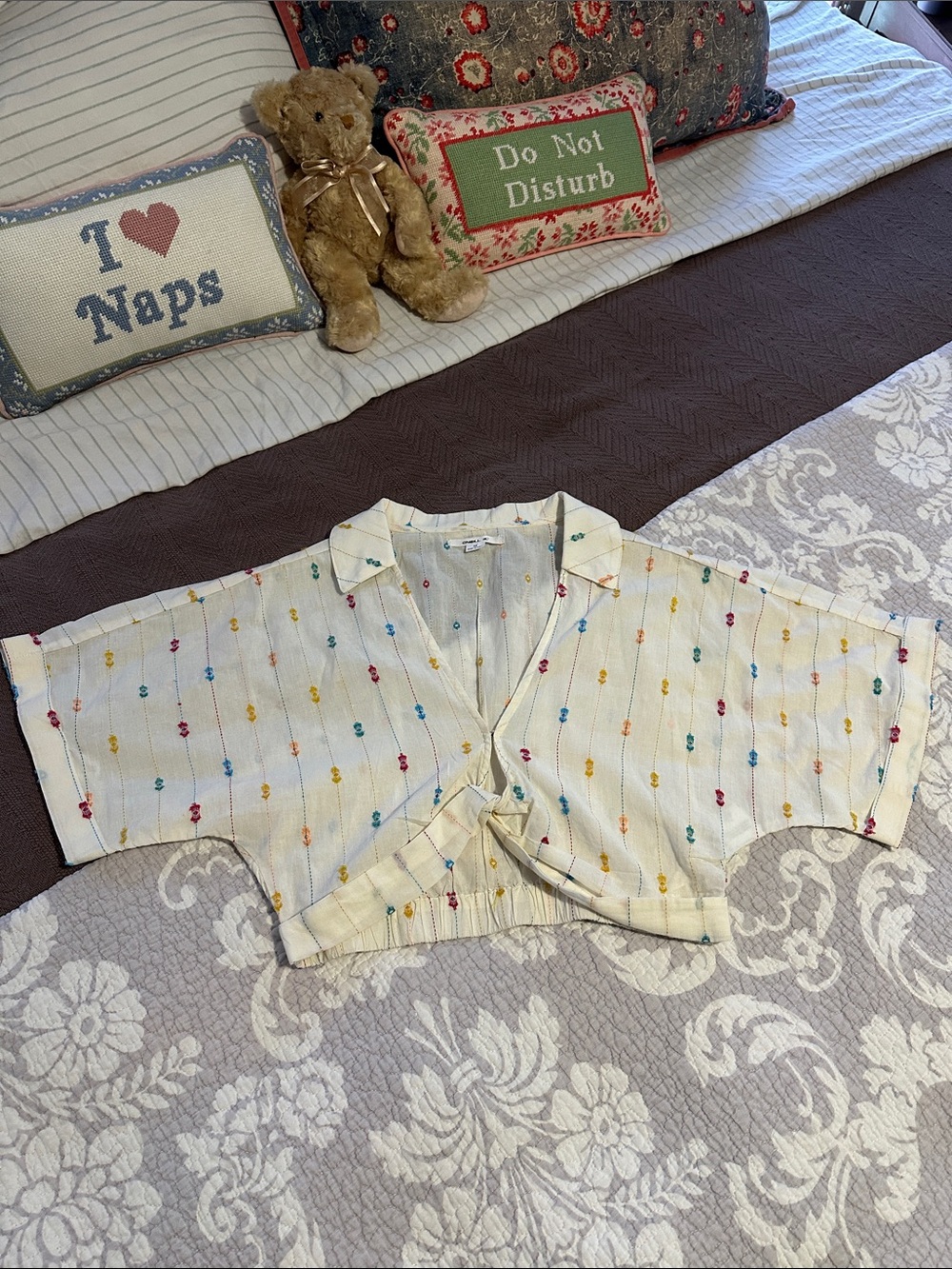 O'Neill Cream Cropped Button-Up Top with Multicolor Dots